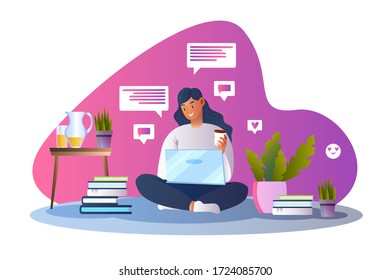 Online education vector concept with smiling female character studying on the floor with laptop. Stock illustration with books, young student, home plants, messages. Freelance banner in flat style