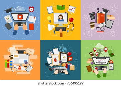 Online education vector concept study flat design web mobile services on-line e-learning computer network educate information illustration. University internet school technology.