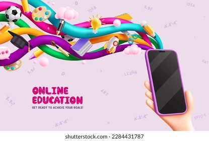 Online education vector concept. Online education text with mobile phone element for e-learning educational design. Vector illustration school online course design.