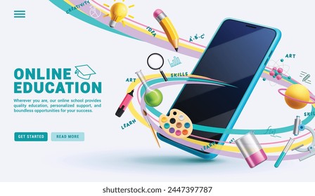 Online education vector design. Back to school with mobile phone application e learning, distance courses and tutorial for website home page educational banner. Vector illustration online school 