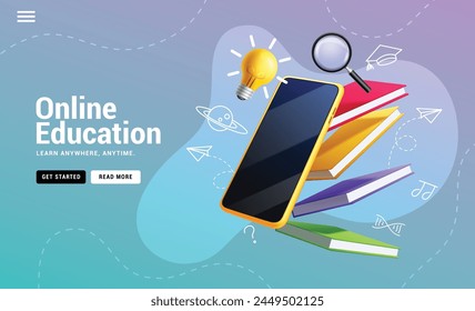 Online education vector design. Back to school online education text web page with mobile phone and books learning elements for distance educational application background. Vector illustration online 