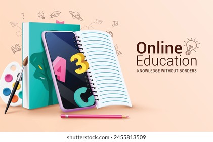 Online education vector design. Back to school greeting text with mobile phone online education courses for e learning educational background. Vector illustration online education design.  
