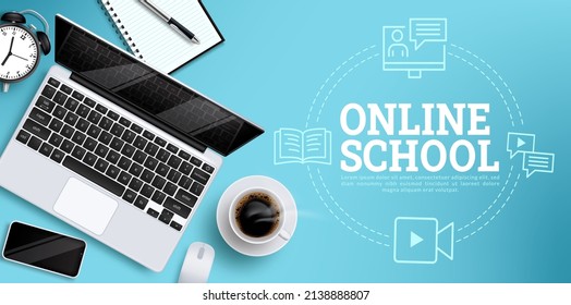 Online education vector design. Online school text with laptop and phone digital learning elements for e-learning back to school background. Vector illustration.  
