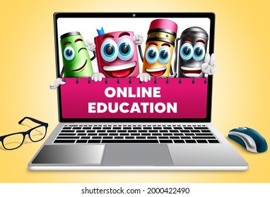 Online education vector design. Online education text in laptop screen with school supplies characters like book and pencil for home study e-learning course. Vector illustration