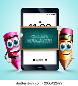 Online education vector design. Online education text in tablet study device with pencil and crayon school supplies characters for home class educational learning. Vector illustration