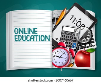 Online education vector design. Online education text with tablet, keyboard, notebook and calculator e-learning elements for distance learning study device. Vector illustration
