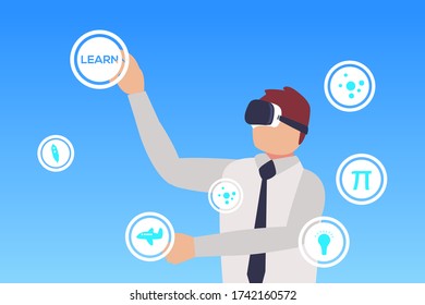 Online education vector design: Young man touching a virtual screen display while wearing VR headset