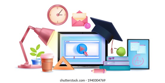 Online education vector e-learning digital classes 3D concept, laptop screen, play, graduate cap. Web school, internet university video courses, webinar illustration. Online education, home workplace 