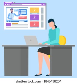 Online education vector, female working on laptop, businesslady working distant. Student with curses and personal tutor at home. Character flat style