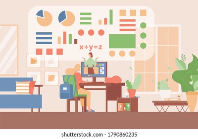 Online education vector flat concept. Young girl sitting on chair and learning online lessons in modern living room. Digital modern classroom, training, workshops, and courses concept.