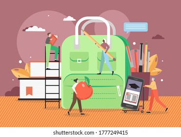 Online education, vector flat illustration. Tiny characters students standing on huge backpack, ladder holding book, pencil, pushing cart with mobile. Distance learning, e-learning, remote education.