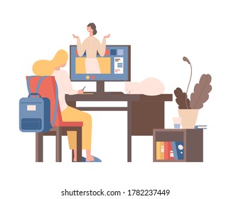 Online-Bildung, Vektorgrafik, flach. Junge Mädchen sitzt auf Stuhl und hört Online-Unterricht und schreibt Notizen in Notizbuch. Digitales modernes Klassenzimmer, Fernlernkonzept.