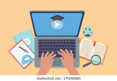 Online education vector flat illustration. Laptop and human hands, copy books, book, protractor, home plant, pencil, Concept of online learning at home, online test, distance learning.