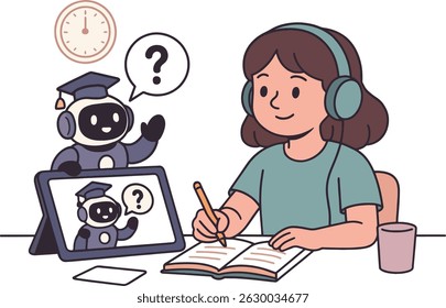 Online Education Vetor: menina estudando com o robô Tutor em tablet.