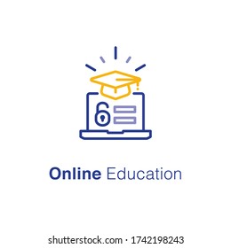 Online education vector icon with blue and yellow outline stroke colors