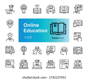 Colección de iconos del vector de educación en línea con estilo de trazo de contorno 