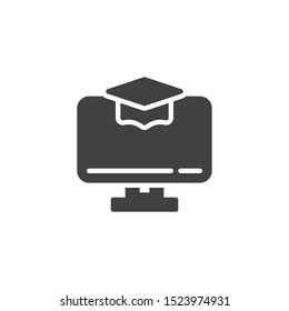 Online education vector icon. E-learning filled flat sign for mobile concept and web design. Computer with academic cap glyph icon. Symbol, logo illustration. Vector graphics