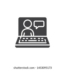 Online education vector icon. filled flat sign for mobile concept and web design. Man with speech bubble on laptop screen glyph icon. e learning symbol, logo illustration. Vector graphics