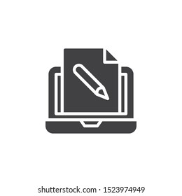 Online education vector icon. filled flat sign for mobile concept and web design. Laptop with document file edit glyph icon. Symbol, logo illustration. Vector graphics