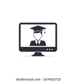 Online Education vector icon, Graduation student on computer monitor illustration.