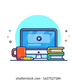 Online Education Vector Icon Illustration. Computer, Book And Coffee. Education Icon Concept White Isolated. Flat Cartoon Style Suitable for Web Landing Page, Banner, Flyer, Sticker, Card, Background