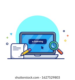 Online Education Vector Icon Illustration. Laptop, Notes, Magnifying. Education Icon Concept White Isolated. Flat Cartoon Style Suitable for Web Landing Page, Banner, Flyer, Sticker, Card, Background