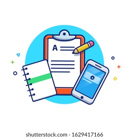 Online Education Vector Icon Illustration. Book, Notes And Smartphone. Education Icon Concept White Isolated. Flat Cartoon Style Suitable for Web Landing Page, Banner, Flyer, Sticker, Card, Background