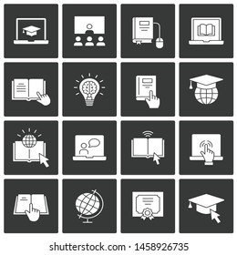 Online education vector icon set. White illustration isolated on black background for graphic and web design.