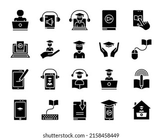 Online Education Vector Icon Set. Virtual Education, Electronic Learning. Solid Icon Style, Glyph. Simple Design Illustration Editable