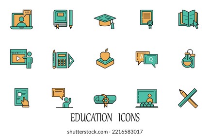 Online Education  vector icon set. Education icons. Laptop, Book and Video Tutorial icons. Graduation cap, Instructions and Presentation. Education or Lectures book, Charts and Idea. Laptop, tablet de