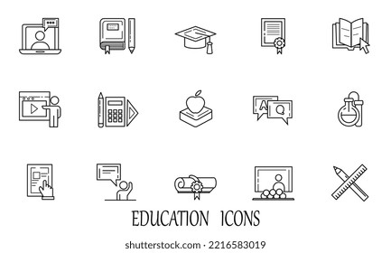 Online Education  vector icon set. Education icons. Laptop, Book and Video Tutorial icons. Graduation cap, Instructions and Presentation. Education or Lectures book, Charts and Idea. Laptop, tablet de