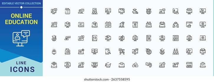 Online Education vector icon set. Collection for mobile and web apps. Training icon collection. Included tutorial, computer, webinar, seminar, learn, online class, education and more.