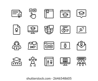 Online Education Vector Icon Set | Adjustable Line Weight | eLearning, webinar, certification, online course, training, virtual classroom, study, graduation, language learning, remote education icons