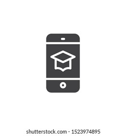 Online education vector icon. Smartphone with graduation cap filled flat sign for mobile concept and web design. Mobile learning glyph icon. Symbol, logo illustration. Vector graphics