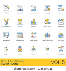 Online Education Vector Icons. Certificate, Professor, Scholarship, Degree, Award, Trophy, Graduation, Mobile Access, Bookstore, Library, Courses, Grade, Discover, Wisdom, Adventure, Vision, Career. 