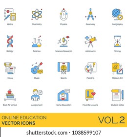 Online education vector icons. Maths, chemistry, physics, geometry, geography, biology, science, research, astronomy, timing, history, music, sports, painting, modern art, assignment, homeschooling. 