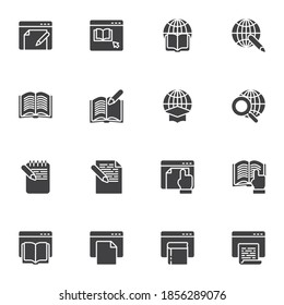 Online education vector icons set, E-learning modern solid symbol collection, filled style pictogram pack. Signs, logo illustration. Set includes icons as online book reading, global education