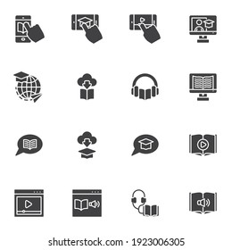 Online education vector icons set, e-learning modern solid symbol collection, filled style pictogram pack. Signs, logo illustration. Set includes icons as audio book, mobile learning, video tutorials