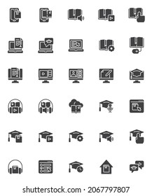 Online education vector icons set, modern solid symbol collection, filled style pictogram pack. Signs, logo illustration. Set includes icons as home distance learning, e-book reading, audio book, test