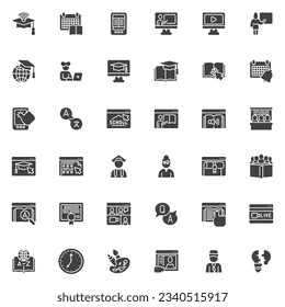 Online education vector icons set, e-learning modern solid symbol collection, filled style pictogram pack. Signs logo illustration. Set includes icons as education plan, video tutorial, e-book reading