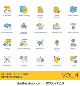 Online Education Vector Icons. Student Profile, Literature Exchange, Download, Upload, Learning Materials, Investment, Marketing, Vision, Right, Teach, Training, Brainstorm, Idea, Explore, Mind Map