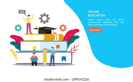 Online education vector illustration concept, tiny people character in study process. e-book for learning remotely, can use for landing page, template, ui, web, homepage, poster, banner, flyer, app