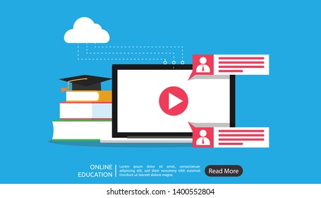 Online education vector illustration concept, laptop plays video content with comment and book for study process, can use for landing page, template, ui, web, homepage, poster, banner, flyer, app