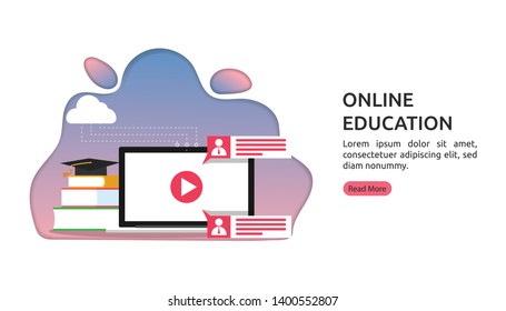 Online education vector illustration concept, laptop plays video content with comment and book for study process, can use for landing page, template, ui, web, homepage, poster, banner, flyer, app