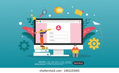 Online education vector illustration concept, tiny people character register to join e-learning on website page. can use for landing page, template, ui, web, homepage, poster, banner, flyer, app