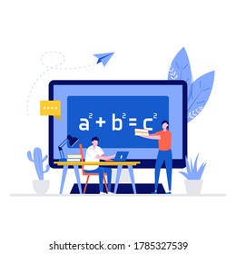 Online education vector illustration concept with characters. Student learning at home, sitting at desk, looking at the laptop, studying with exercise books, and teacher help him. Modern flat style.