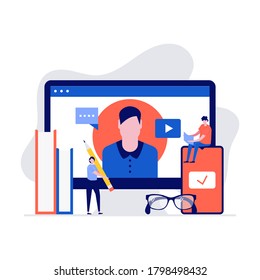 Online Education Vector Illustration Concept With Character Having Video Call With Teacher And Studying With Smartphone. Modern Vector Illustration In Flat Style For Landing Page, Hero Images.