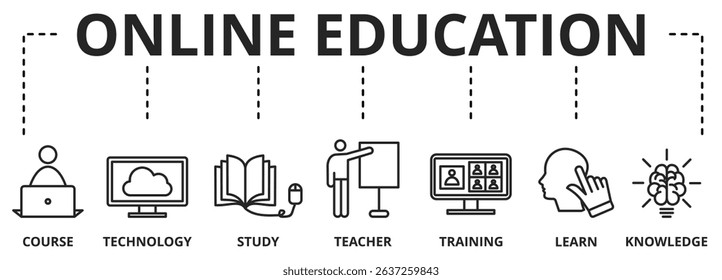Online education vector illustration concept banner with icons and keywords