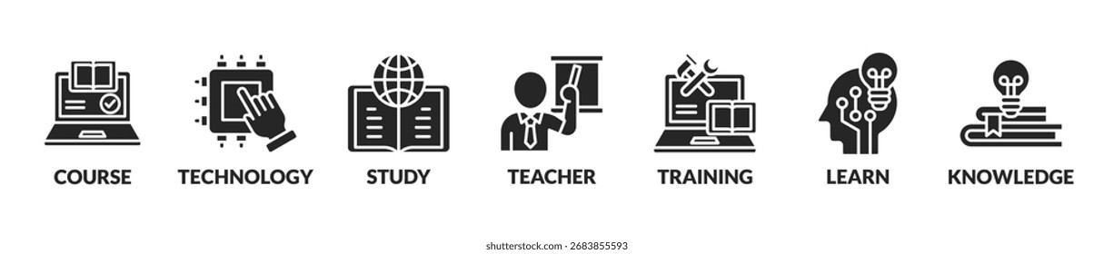 Online-Bildung, Vektorgrafik-Konzept-Banner mit Symbolen und Schlagwörtern