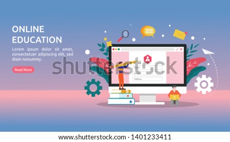 Online education vector illustration concept, tiny people character register to join e-learning on website page. can use for landing page, template, ui, web, homepage, poster, banner, flyer, app